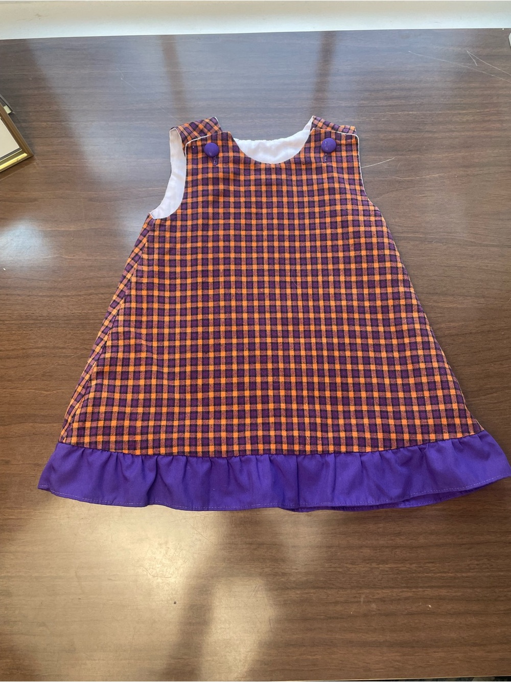 Purple and Orange Plaid Kids Dress with Purple Ruffle